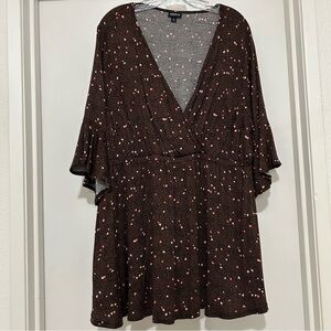 TORRID Women's Size 2 Faux Wrap Dress Brown Heart Print Bell Sleeve Rayon Knit